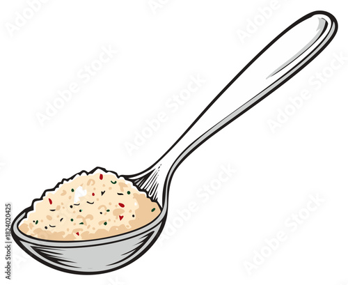 A metal spoon filled with a granular seasoning blend of herbs and spices vector illustration