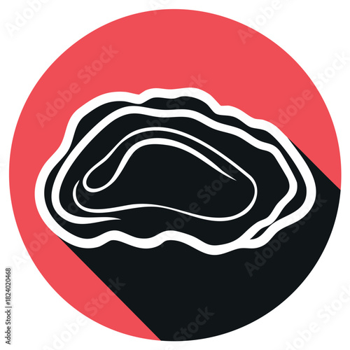 Graphic illustration of a fresh oyster in a circular flat design icon with long shadow