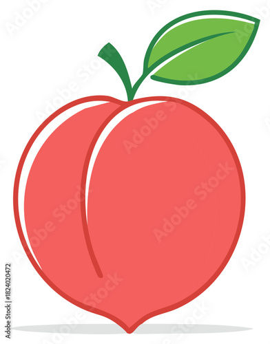 Stylized pink peach fruit with a green leaf vector icon illustration