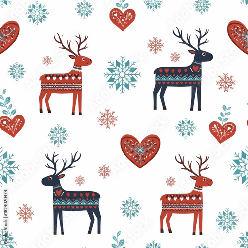 Scandinavian folk pattern with stylized reindeer, hearts, and snowflakes, handcrafted flat look on white