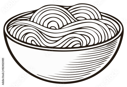 Classic bowl of noodles line art illustration, ideal for Asian cuisine and restaurant designs