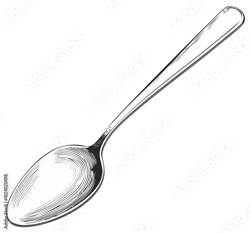 Vintage spoon illustration in a hand-drawn black and white engraving style