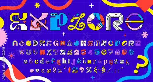 Trippy y2k font, modern geometric brutal typeface letters. Cartoon groovy colorful psychedelic alphabet. Vector full abc set of uppercase and lowercase characters, numbers and punctuation symbols