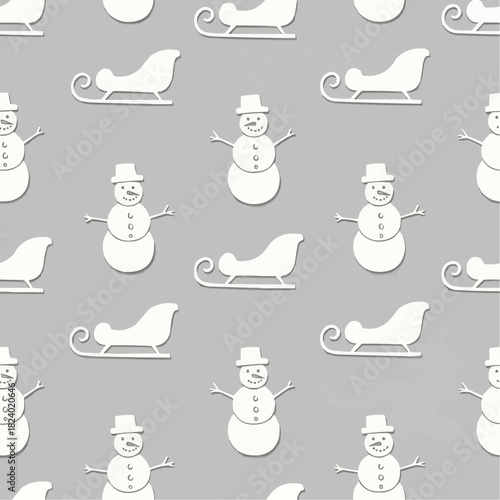 Repeating sled and snowman icons in a playful handcrafted silhouette style, flat colors, white
