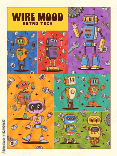 Robot and droid groovy characters collage poster with funny robotic bots, cartoon vector. Y2K or retro posters with groovy robot characters, funny droids and funky futuristic cyborgs with happy faces