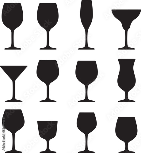 wine glass logo icon set silhouette vector, various wine glasses silhouette vector illustration