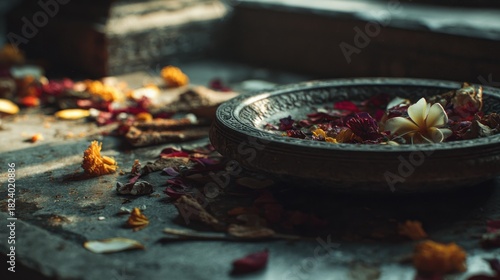 Tranquil decorative arrangement of floral elements and ornate bowl design