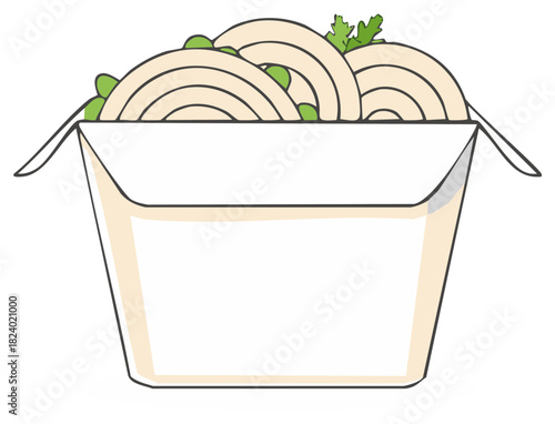 Cartoon takeout box filled with delicious noodles green peas and fresh parsley simple illustration
