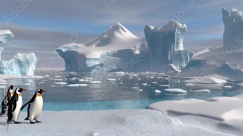 Antarctic Polar Lake with Penguins in a Peaceful Snowy Wildlife Landscape Illustration