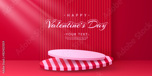 Happy Valentine 3D podium stage round platform for love holiday, vector greeting card. Valentine Day podium with pink round stage and striped platform on red background of studio showroom with light