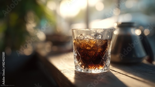 Refreshing iced beverage in crystal glass basking in golden sunlight ambience