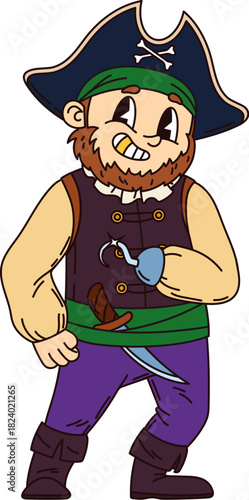 Cartoon funny groovy pirate and corsair character looking confident and fierce. Isolated vector fantasy rover personage hand hook and classic filibuster captain attire with a dagger tucked in his sash