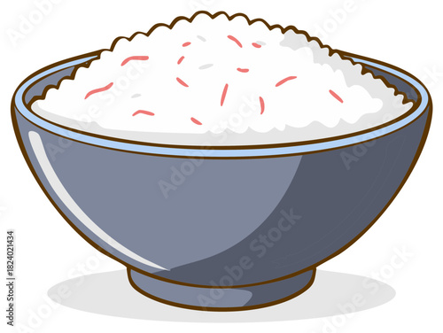 Fluffy white rice served in a traditional blue gray bowl cartoon style illustration