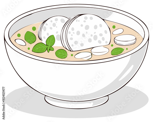 Bowl of soup with sliced ingredients and basil leaves illustration