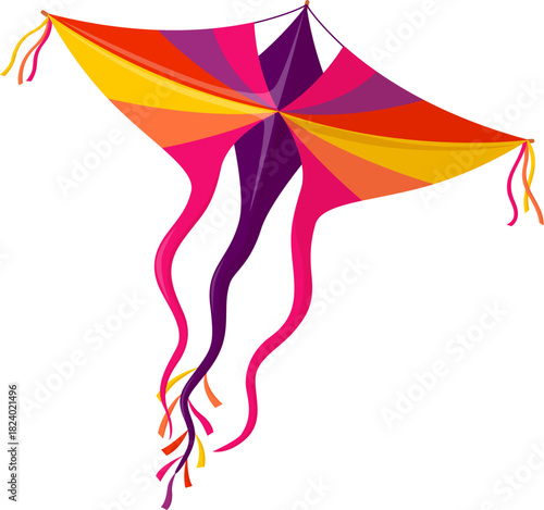 Festival cartoon paper kite in pink, purple, orange and gold hues with long curling streamers. Makar Sankranti holiday, child entertainment vector kite. Indian festival flying colorful paper wing
