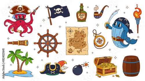 Cartoon groovy pirate characters and corsair objects. Cute octopus and whale corsairs vector groovy personages, pirate treasure map, chest and sea island, captain hat, black flag, spyglass and rum