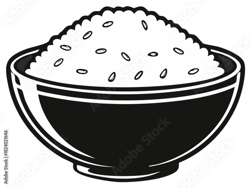Steamed white rice grains mounded in a serving bowl simple graphic monochrome illustration