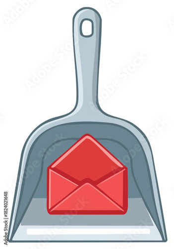 Dustpan sweeping up a red envelope symbolizing junk mail and spam deletion concept
