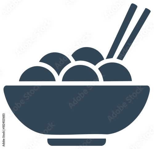 Stylized bowl filled with round food items and chopsticks icon illustration