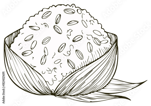 Hand-drawn illustration of stylized rice grains in a bowl with leaf accents