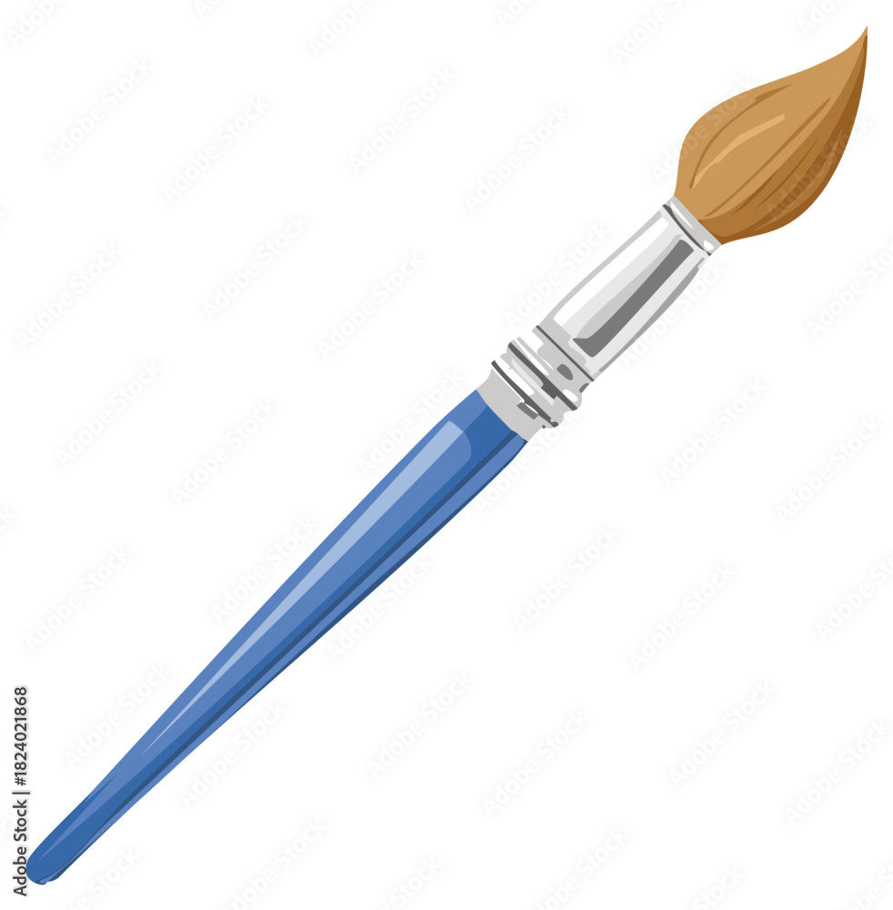 Fototapeta premium Artwork paintbrush with blue handle and light brown bristles, art tools and painting equipment