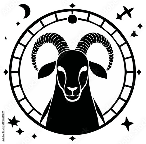 Mystical Aries ram head zodiac sign in a celestial circle with moon and stars