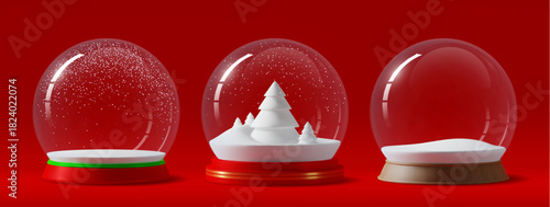 3d glass snow balls with winter fir trees and snowy hills. Vector realistic Christmas snowball globes, New Year holiday snow balls decorations with glossy transparent glass domes and round bases