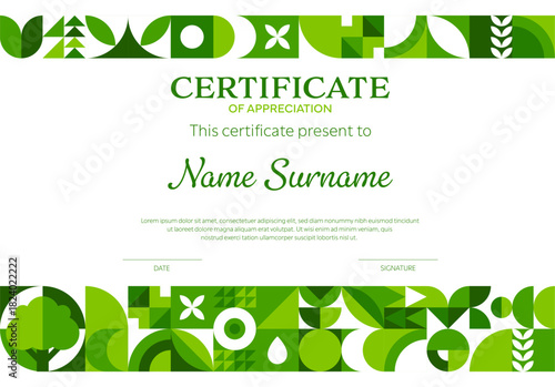Ecology environment business certificate with geometric pattern and green shapes. Vector modern environmental diploma of appreciation layout template with abstract modular motif and natural elements