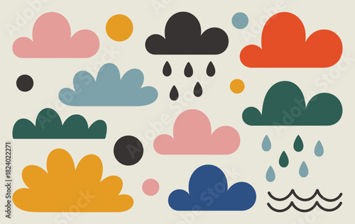 A whimsical weather pattern featuring colorful clouds suns raindrops and wave elements on a beige backdrop