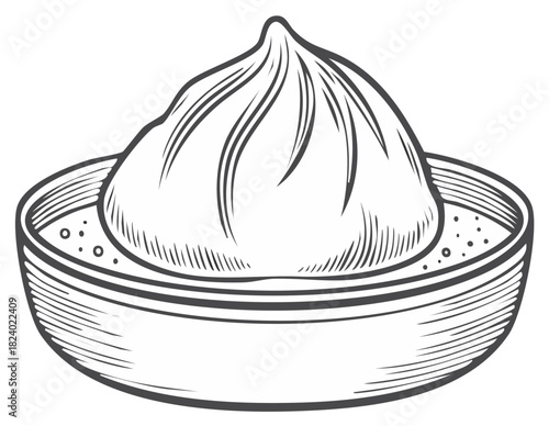 Hand Drawn Illustration of Single Chinese Soup Dumpling in Ceramic Bowl for Asian Cuisine Icon or Menu