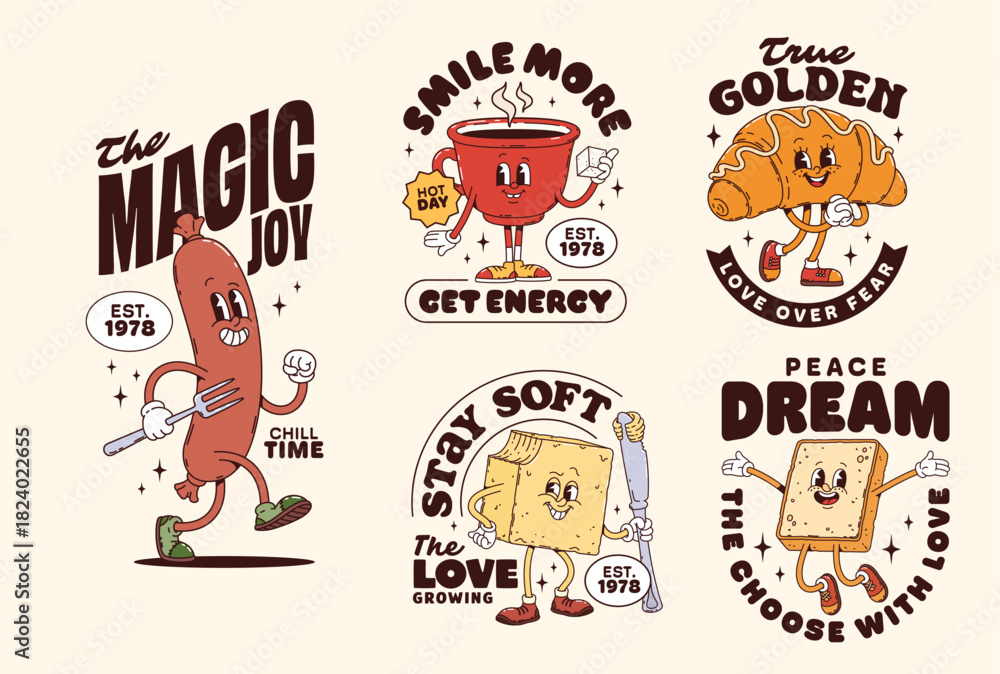 Fototapeta premium Funny breakfast groovy characters stickers and t shirt prints, cartoon vector. Breakfast sausage with croissant and coffee groovy characters, funky toast bread and butter with happy smile on face