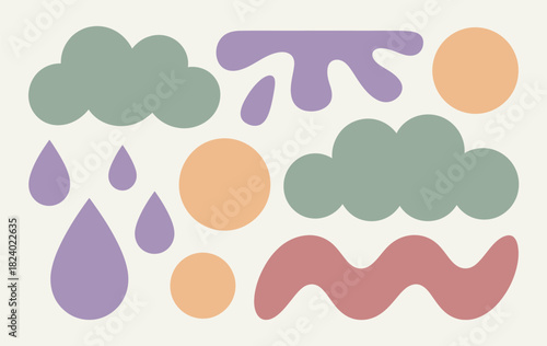 Pastel weather themed design with clouds sun raindrops and abstract shapes on a cream colored background