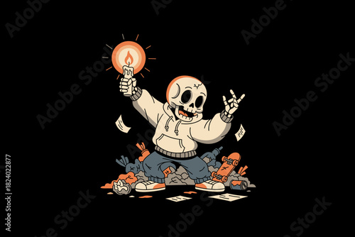 Skeleton Character Holding a Light Bulb with a Candle Inside.