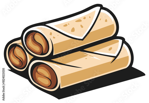 Rolled spring rolls with filling stacked on a flat surface illustration