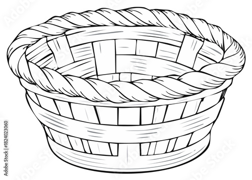 Empty Woven Basket Outline Illustration with Braided Rim Design