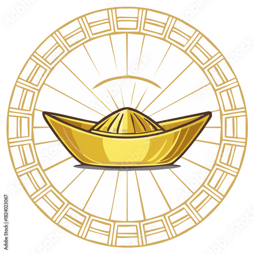 Golden Chinese Yuanbao Prosperity Symbol in Decorative Circular Frame