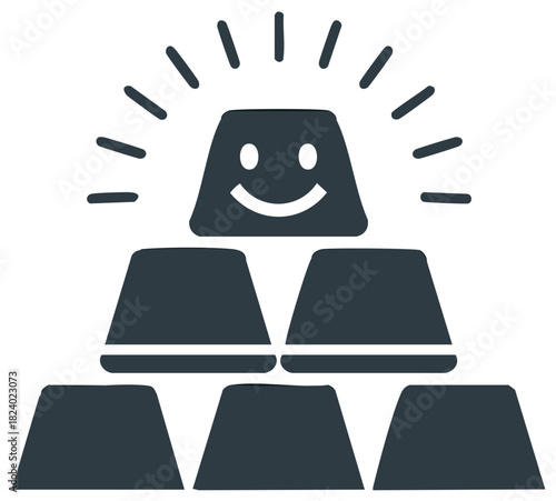 Happy gold bars stacked in a pile, icon symbol, treasure, wealth, shiny, and success.