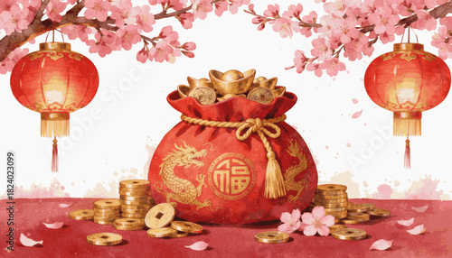 Prosperity Pouches Tung Ngern Tung Thong isolated watercolor vector illustration svg