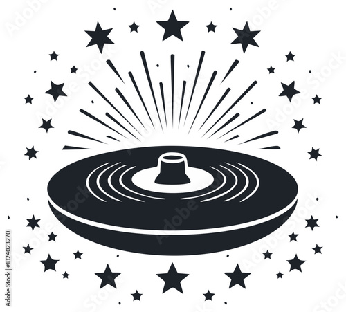 Retro music disc design with a starburst effect and celestial elements