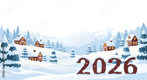 Welcome 2026 with a peaceful winter scene in charming snow covered village