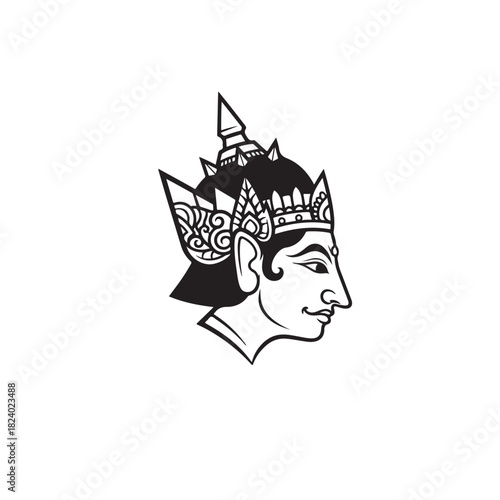 Black and white illustration of a traditional asian head in profile, wearing an elaborate ceremonial headdress, depicting cultural art or a classical figure, isolated on