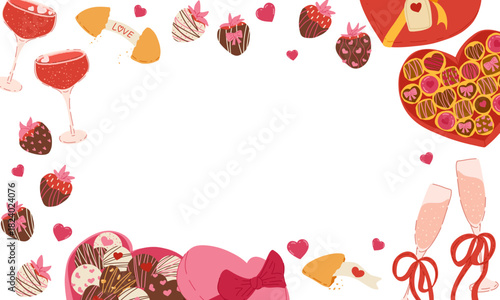 Valentine’s Day horizontal banner with chocolate candies, strawberries, champagne glasses and hearts around empty center frame. Vector illustration for cards, posters, packaging, invitations