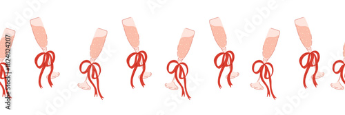 Champagne glasses with bows seamless border frame. Valentine’s day decor. Cute flat vector illustration for banners, packaging design, print, adhesive tape, washi tape, stripe for scrapbook design