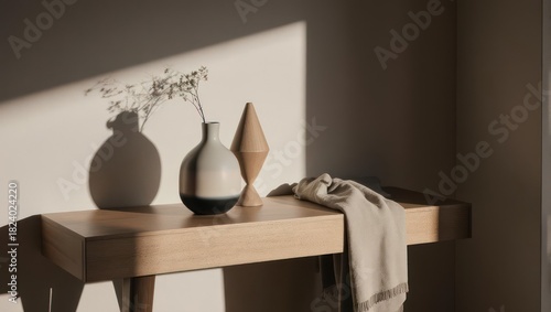 Wallpaper Mural Minimalist Home Decor - Vases and Sunlight on a Wooden Table. Torontodigital.ca