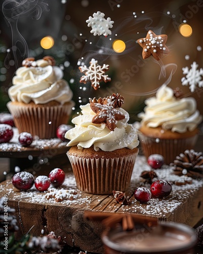 enchanting winter dessert scene: festive cupcakes with creamy frosting, gingerbread stars, and floating cranberries – perfect for a magical wall poster in your cozy kitchen or café!