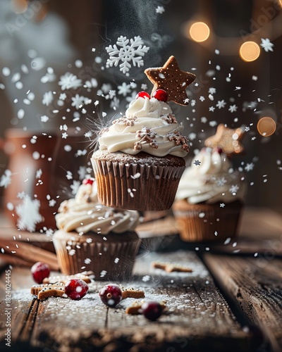 enchanting winter dessert scene: festive cupcakes with creamy frosting, gingerbread stars, and floating cranberries – perfect for a magical wall poster in your cozy kitchen or café!