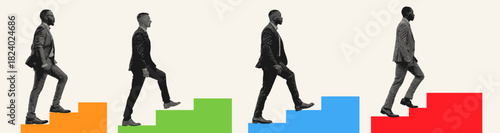 Business men figures taking steps up a colorful staircase symbolizing growth and career progress