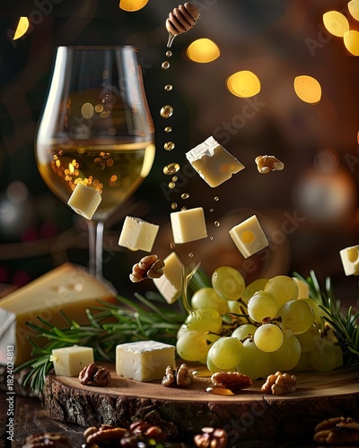 elevate your space with a cinematic holiday food photography poster: assorted cheese, grapes & wine amidst candlelight – perfect for rustic decor!