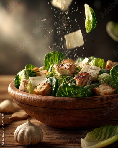 dynamic crisp caesar salad poster: featuring grilled chicken, crunchy croutons, and parmesan in rustic charm - perfect for sports interiors and culinary enthusiasts!