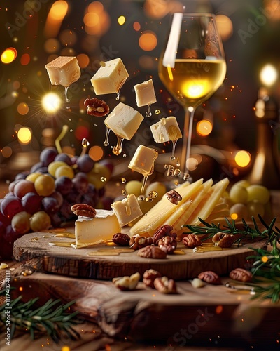 elevate your space with a cinematic holiday food photography poster: assorted cheese, grapes & wine amidst candlelight – perfect for rustic decor!
